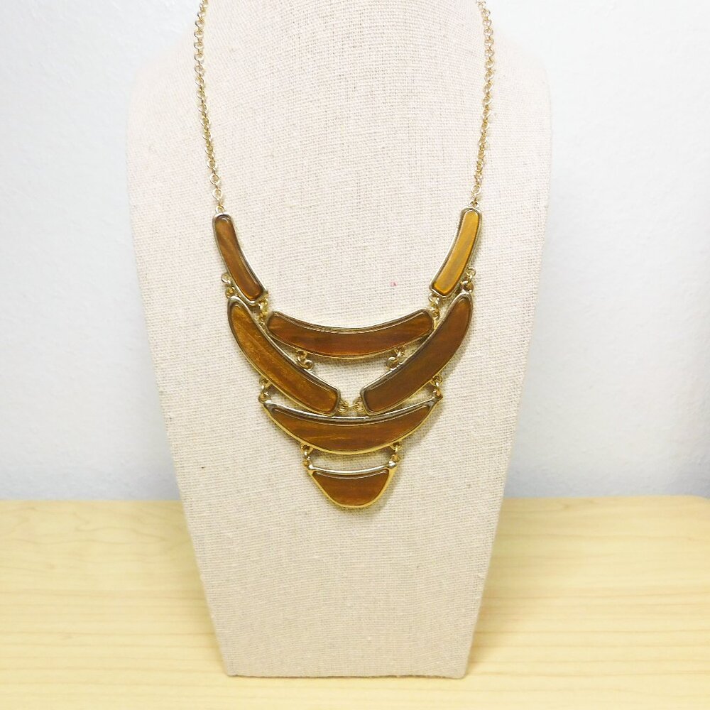 Gold Tone & Brown Bib Wood Style Necklace - Excellent Condition